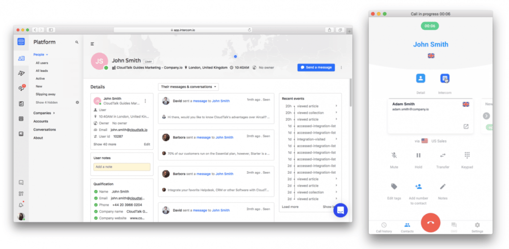 שילוב cloudtalk עם לוח המחוונים של intercom