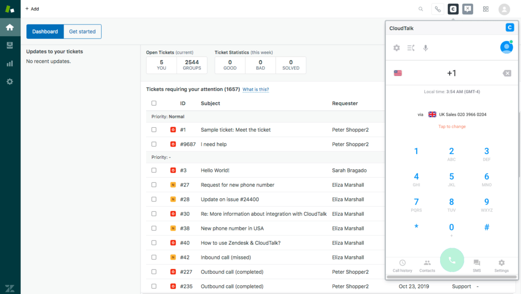 אינטגרציית cloudtalk, לוח מחוונים zendesk CTI