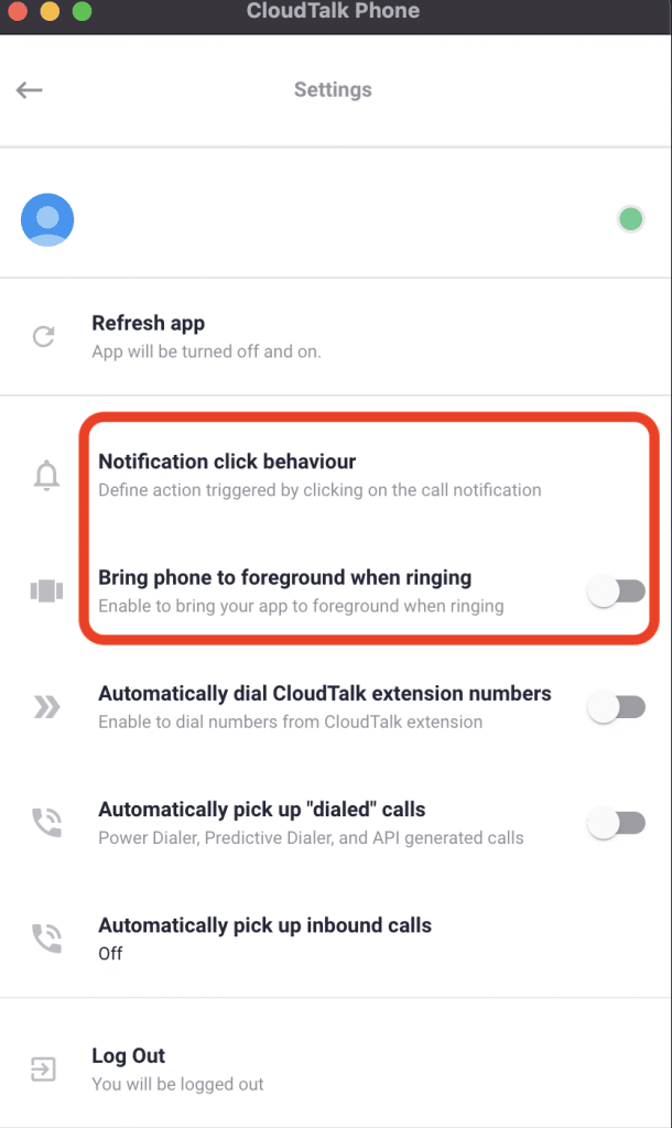settings CloudTalk phone screenshot