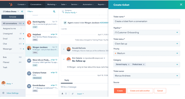 HubSpot's email support ticket system screenshot