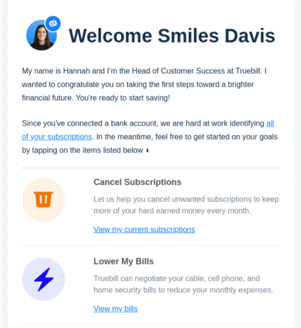 E-mail de integração do cliente Truebill.