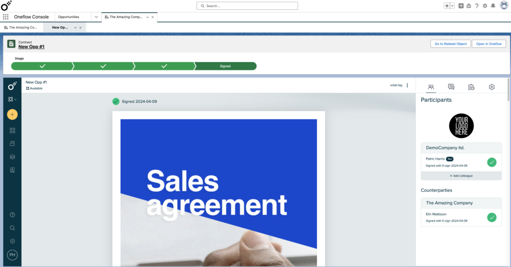 Image showing the functionality of oneflow for salesforce integration