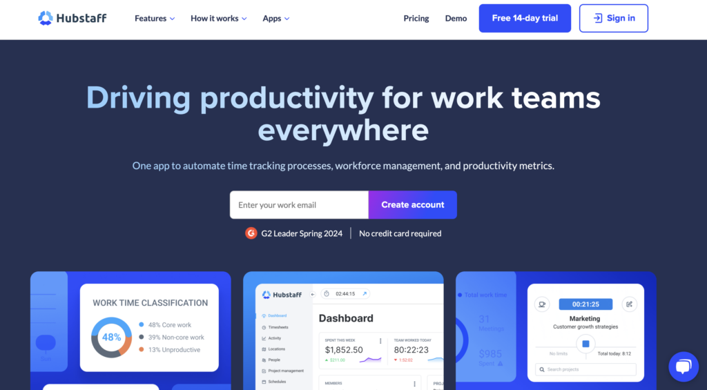 Screenshot of the Hubstaff website homepage.