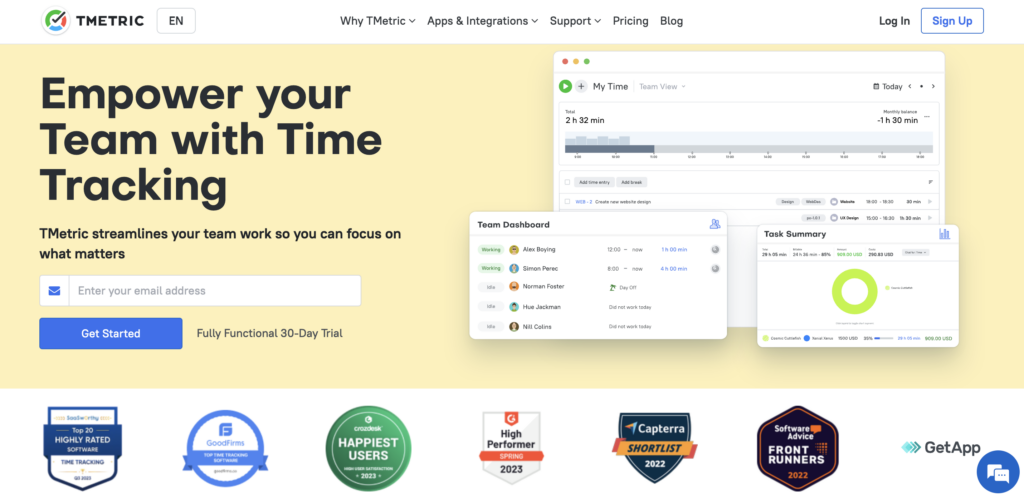 Screenshot of the Tmetric website homepage.