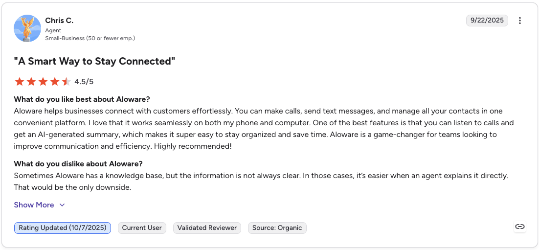 Aloware G2 review rating screenshot for Salesforce dialer