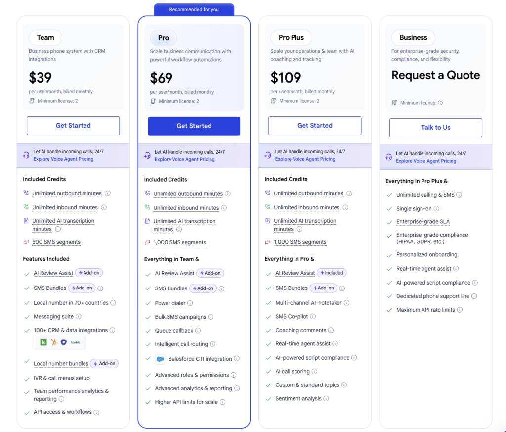justcall pricing and plans screenshot