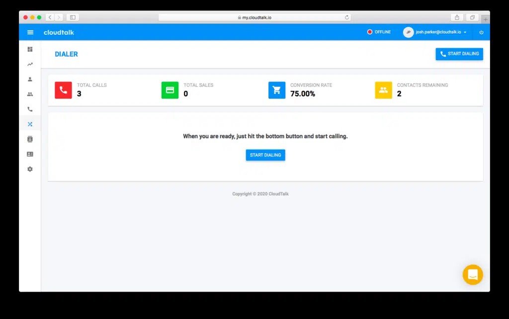 The dashboard of the Cloudtalk Power Dialer