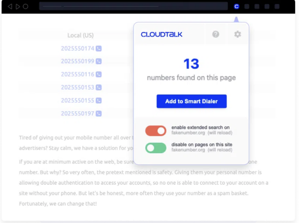 CloudTalk’s Smart dialer captures phone numbers from relevant sites