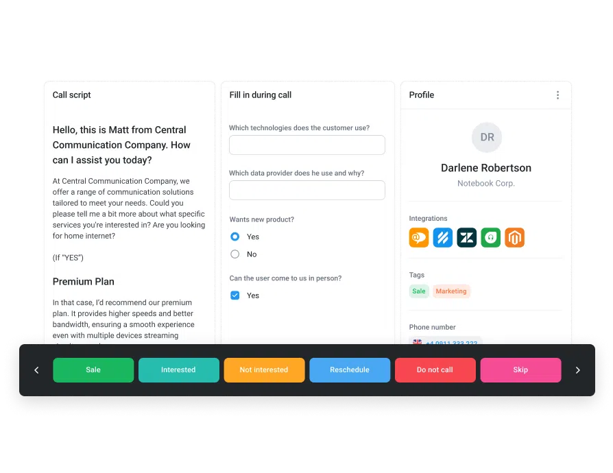 Call script feature with 3 separate panels, one with the script, one with an in-call survey, and one for the client’s profile