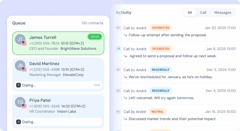 Interface showing outbound call dialer with contacts