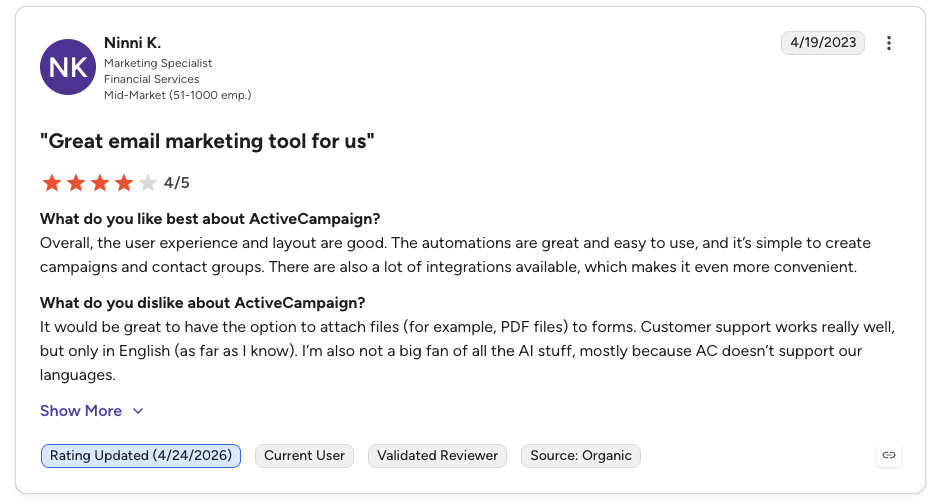 activecampaign g2 review