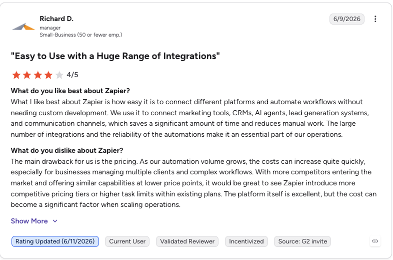 zapier g2 review