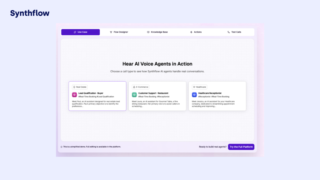 Synthflow ai home page screen capture