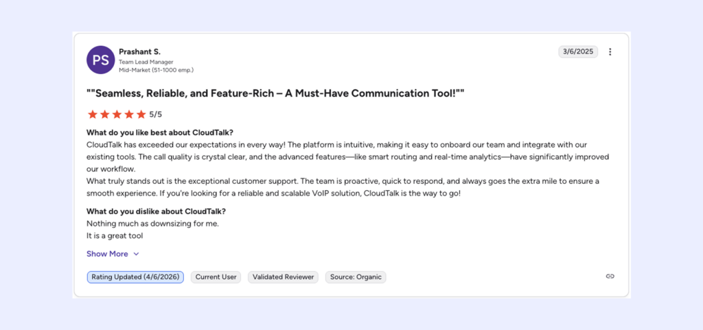 g2 cloudtalk review screenshot