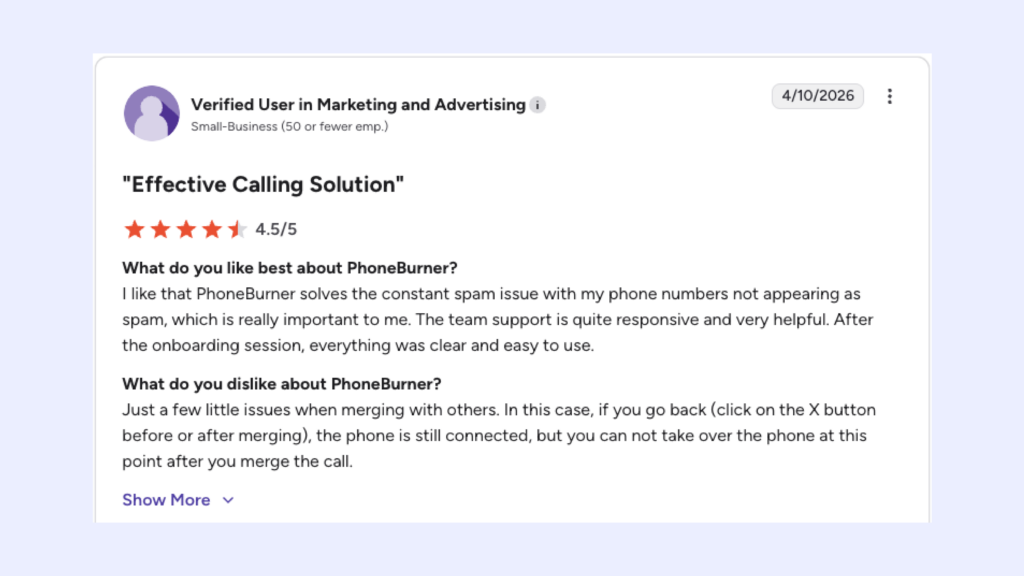 phoneburner review g2 screenshot