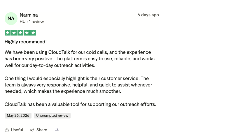 cloudtalk trustpilot review screenshot
