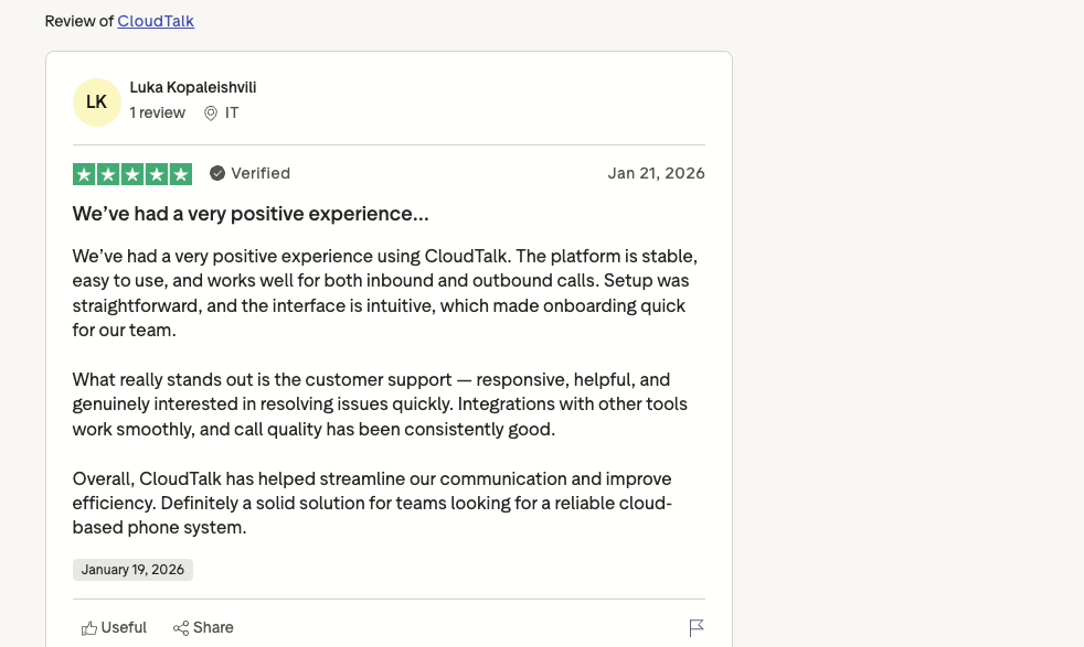 cloudtalk trustpilot review screenshot