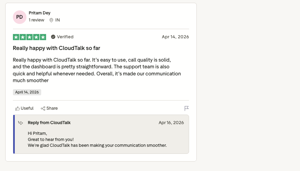 cloudtalk trustpilot review screenshot