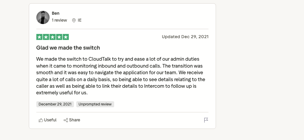 cloudtalk trustpilot review screenshot