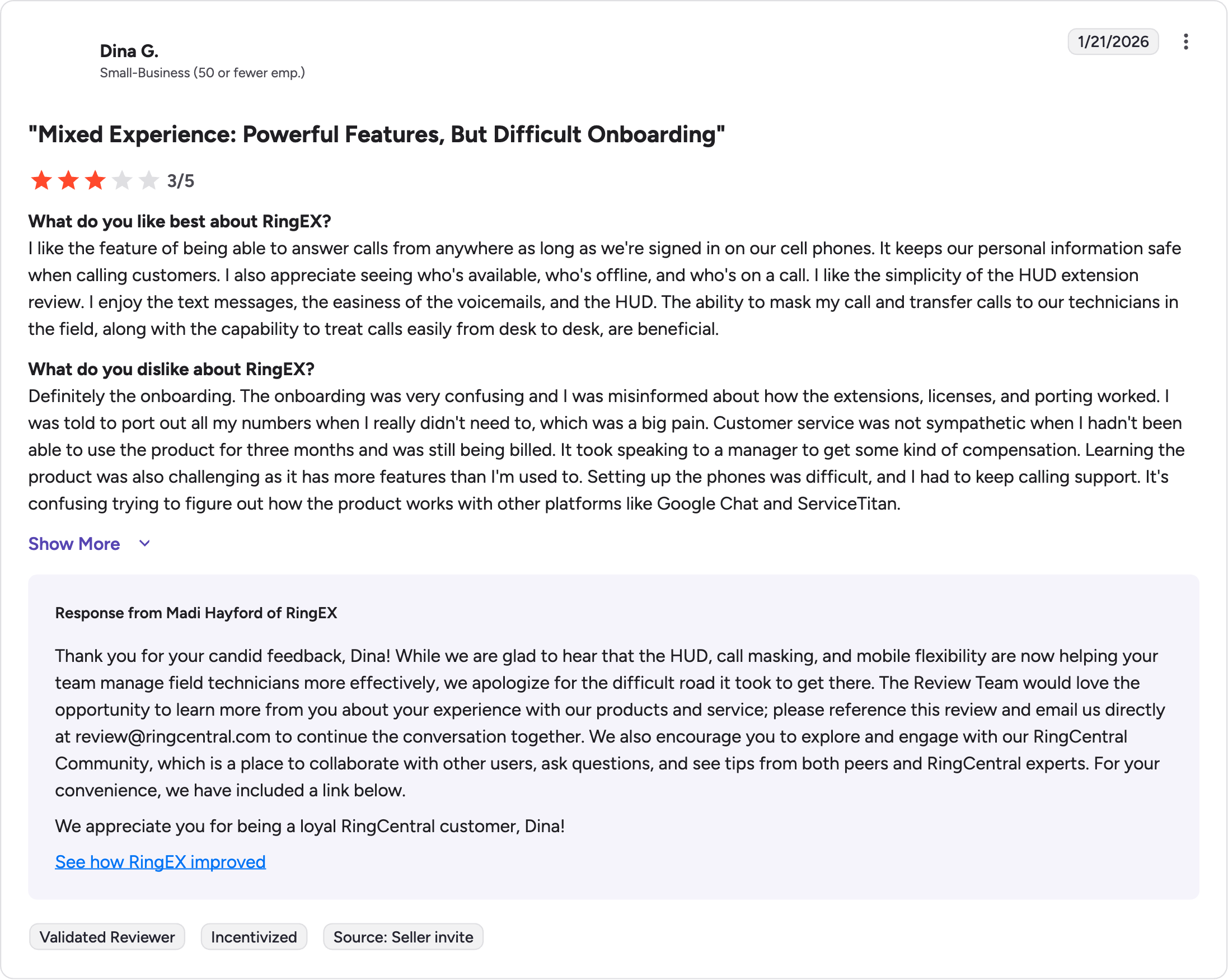 RingCentral G2 review rating summary