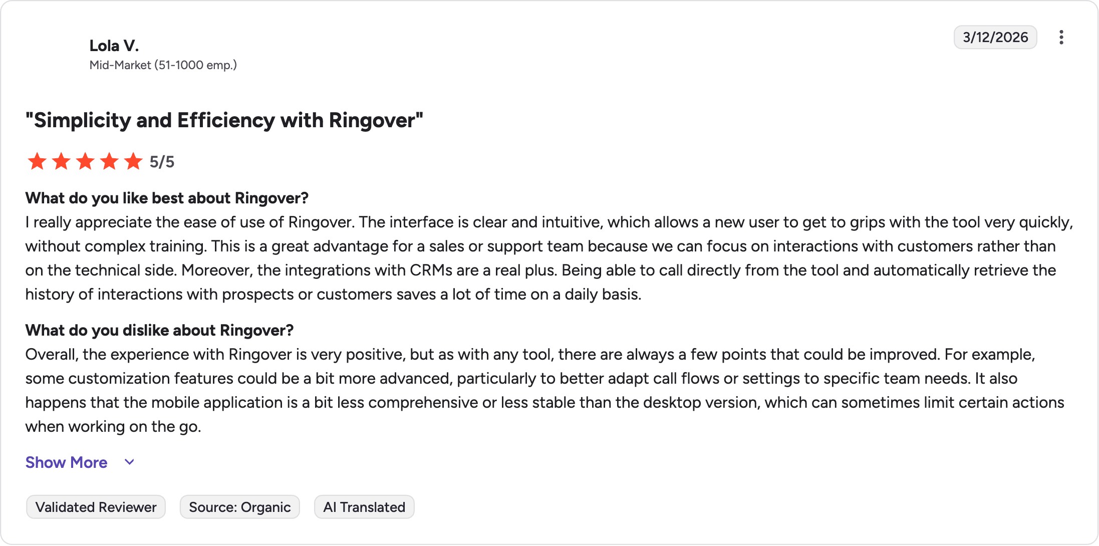 Ringover G2 review rating summary