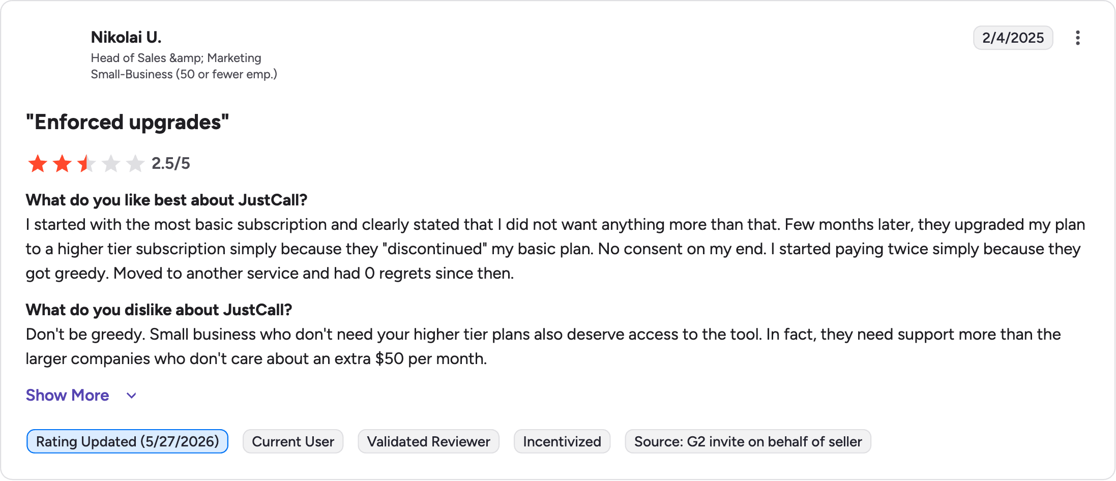 JustCall G2 review rating summary
