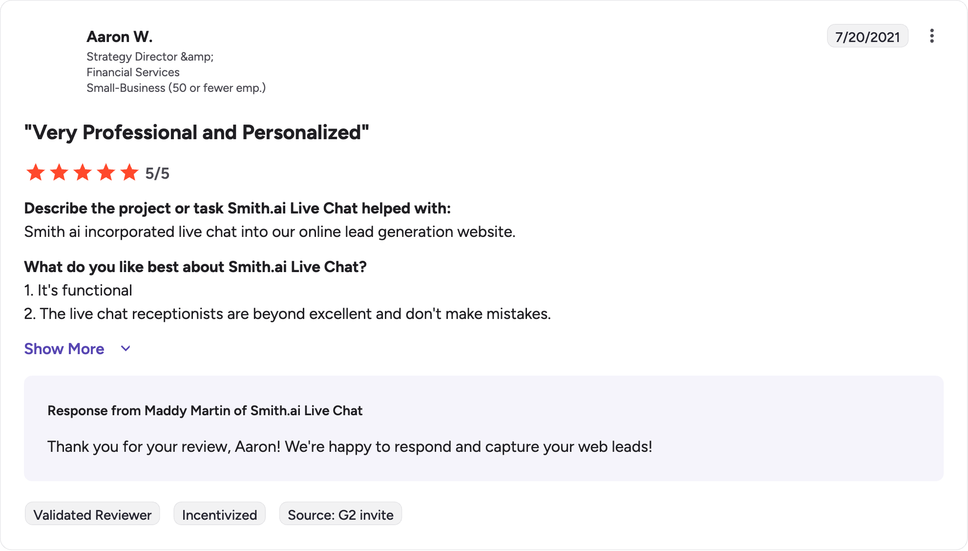 smith-ai g2 review rating summary