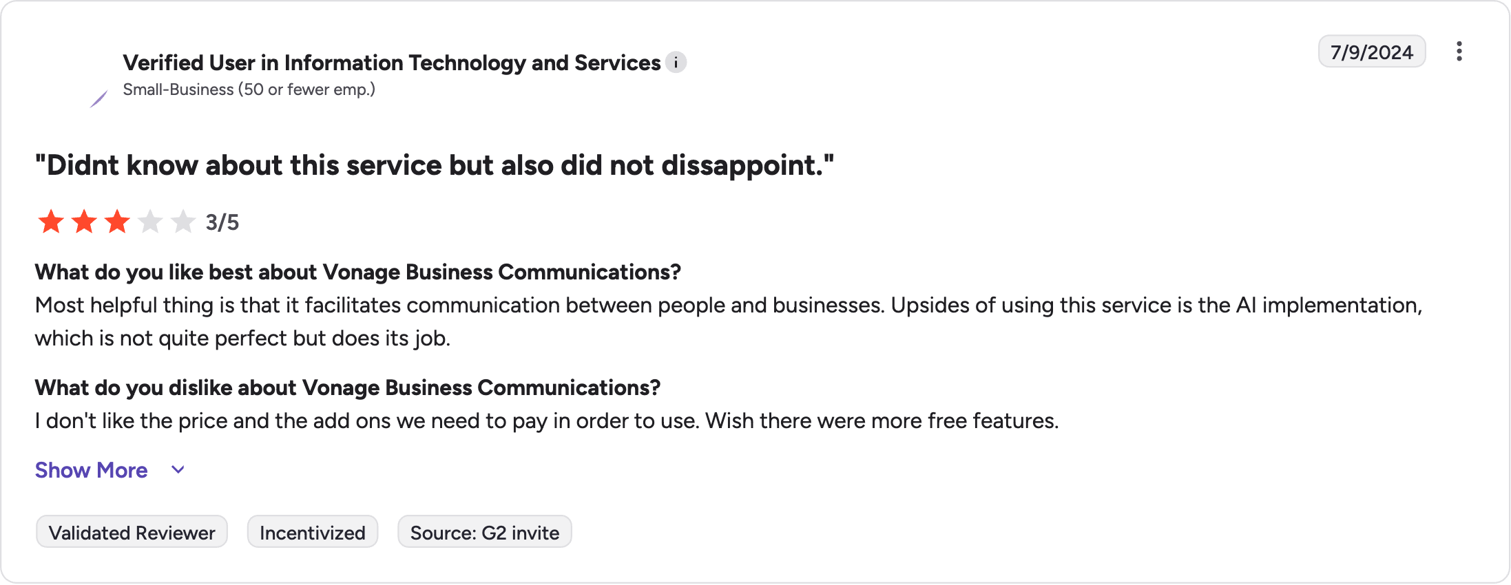 Vonage G2 review rating summary