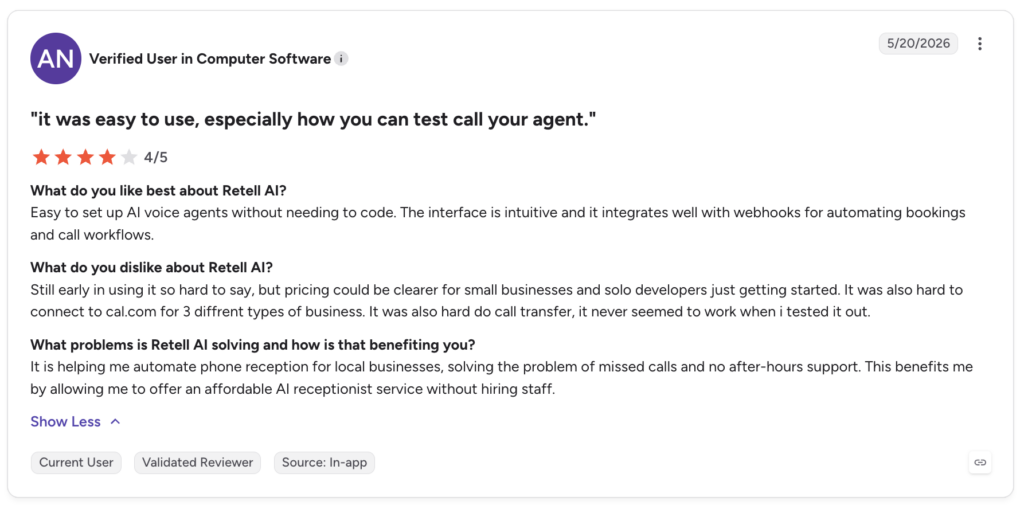 retell ai g2 user review